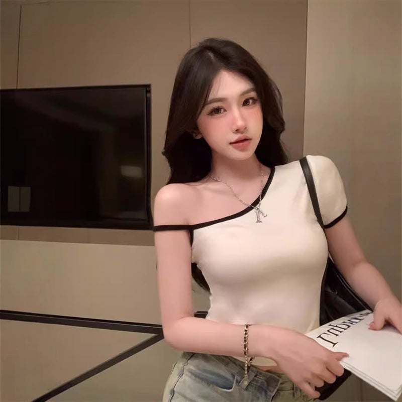 Black Hot Girl Strap Half Sleeve T-Shirt for Women 2025 Summer Design Sense Chic Slim Backless Short Top White - Image 5