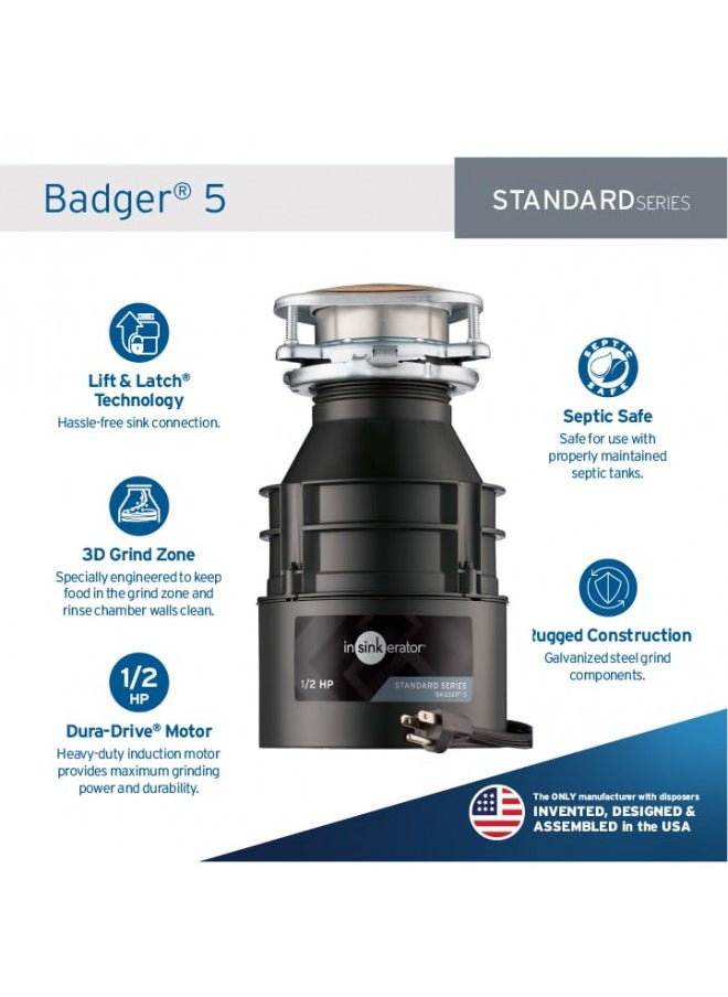 insinkerator InSinkErator Badger 5 Garbage Disposal with Power Cord, Standard Series 1/2 HP Continuous Feed Food Waste Disposer, Badger 5 W/C, No Size, Black/Gray  - Image 3