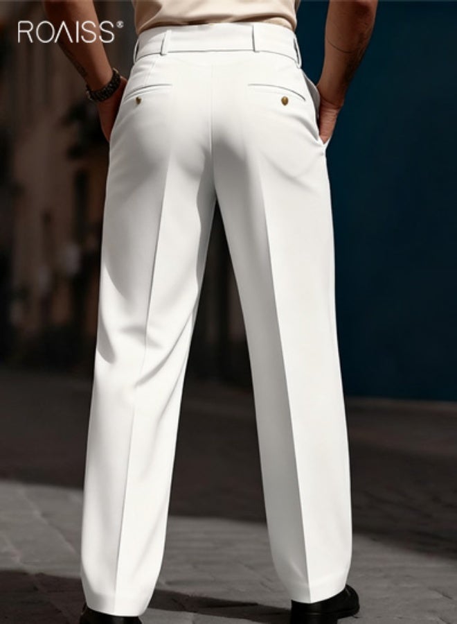 رويس بنطلون رجالي أبيض فضفاض بأزرار ذهبية وحزام خصر مطاطي، طراز كلاسيكي غير رسمي مناسب للارتداء في المكتب والمناسبات الرسمية، مريح للرجال في جميع المواسم - Image 5