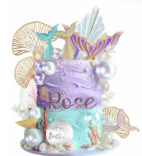 Zalhyrox Mermaid Cake Topper Birthday Decorations Set 27pcs Ocean Decorations with Pearls Glitter Mermaid Tail Happy Birthday Sign Perfect for Girls Parties Baby Shower Beach Themed Events - Image 1