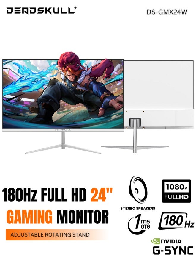 24" Inch GMX24W Gaming Monitor LED Panel Type, 180Hz Refresh Rate, 1ms Response Time,  Adaptive Sync and G-Sync Compatible, Adjustable Stand | White