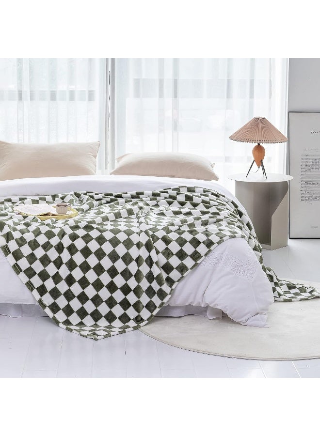 LOMAO LOMAO Throw Blankets Flannel Blanket with Checkerboard Grid Pattern Soft Throw Blanket for Couch  Bed  Sofa Luxurious Warm and Cozy for All Seasons (Dark Olive  51""x63"")  - Image 2