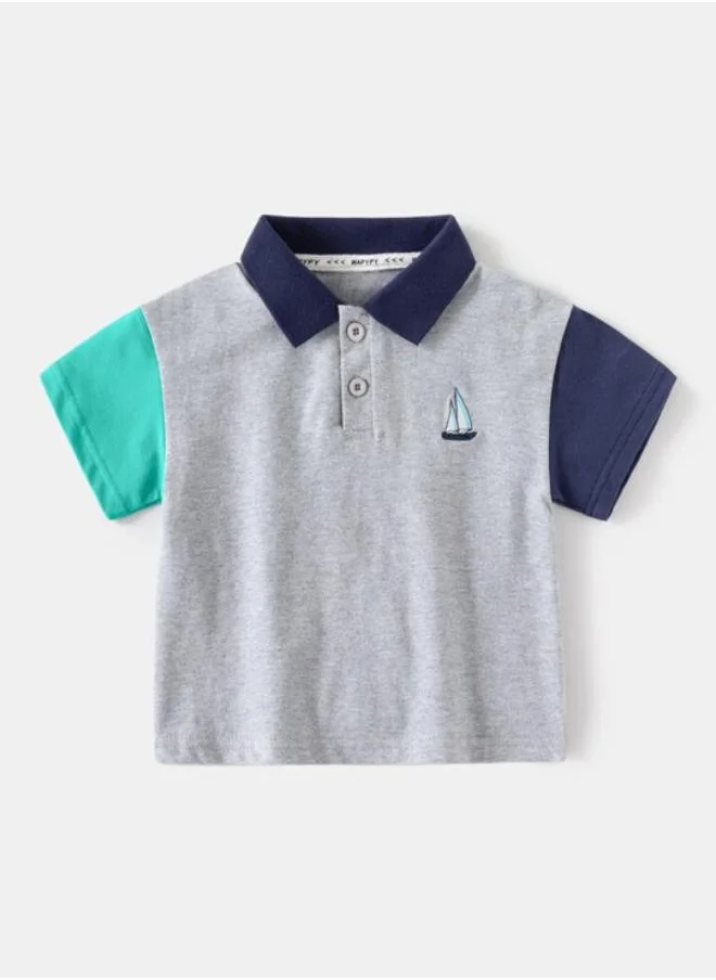يونيكي Grey Polo Collar Short Sleeve Applique Tshirt & Shorts