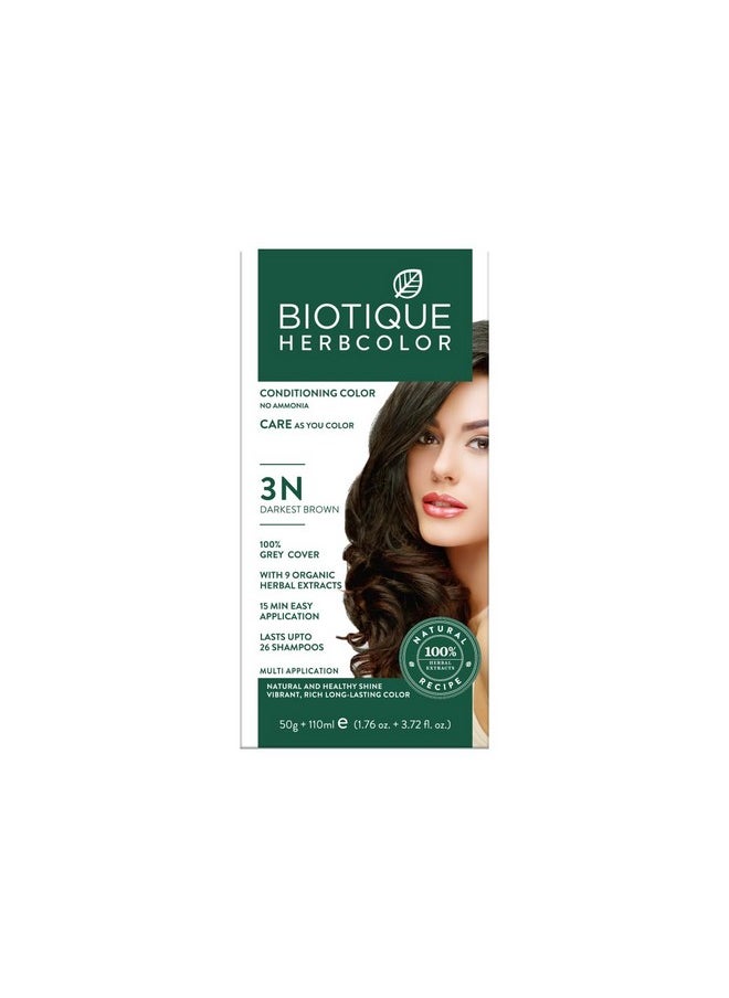 Biotique Herbcolor Conditioning Hair Colour L Ammonia Free Hair Color L 9 Organic Herbal Extracts L Natural And Healthy Shine L 50G + 110Ml| Darkest Brown 3N (Pack Of 1)  - Image 1