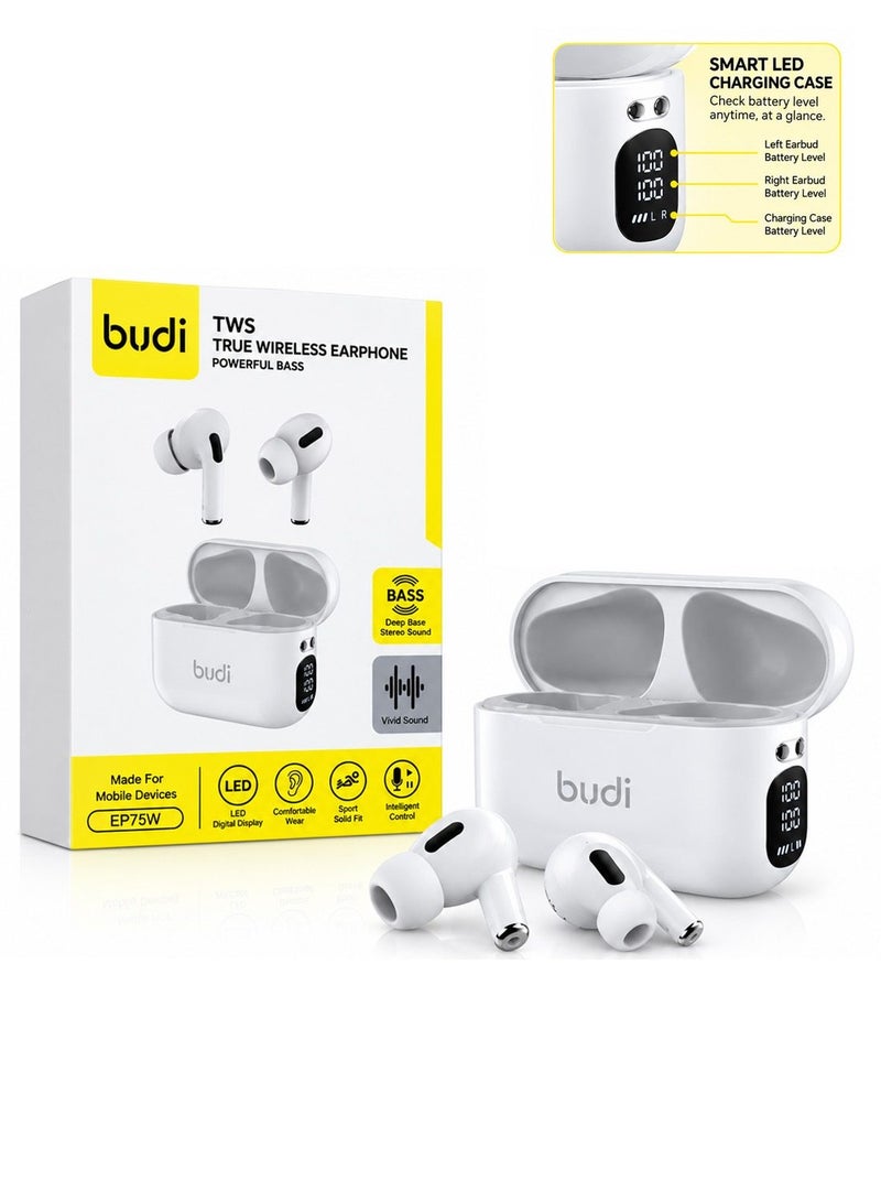 Budi EP75W True Wireless Earbuds Bluetooth 5.3, Deep Bass Stereo Sound, LED Digital Display Charging Case Earphones - White - Image 1