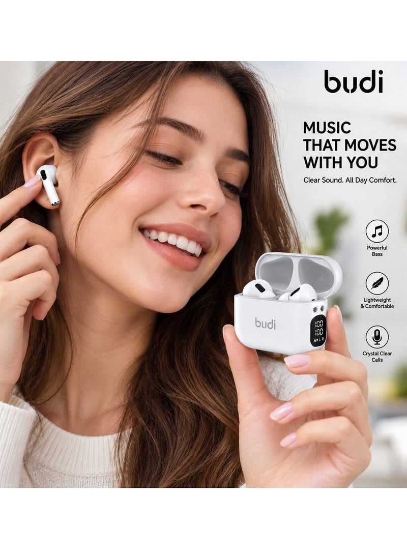 Budi EP75W True Wireless Earbuds Bluetooth 5.3, Deep Bass Stereo Sound, LED Digital Display Charging Case Earphones - White - Image 4