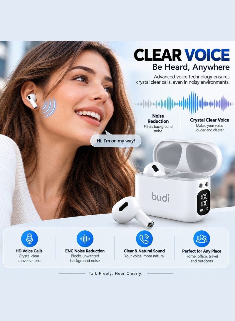 Budi EP75W True Wireless Earbuds Bluetooth 5.3, Deep Bass Stereo Sound, LED Digital Display Charging Case Earphones - White - Image 3