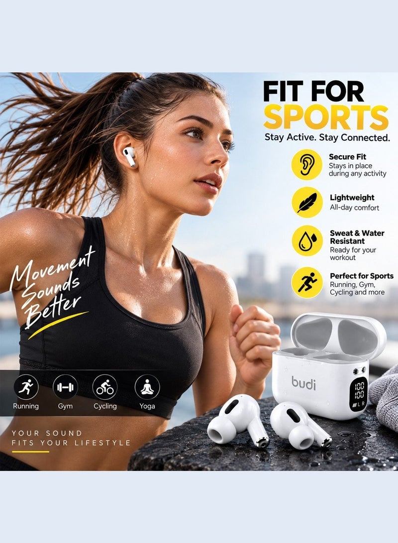 Budi EP75W True Wireless Earbuds Bluetooth 5.3, Deep Bass Stereo Sound, LED Digital Display Charging Case Earphones - White - Image 5