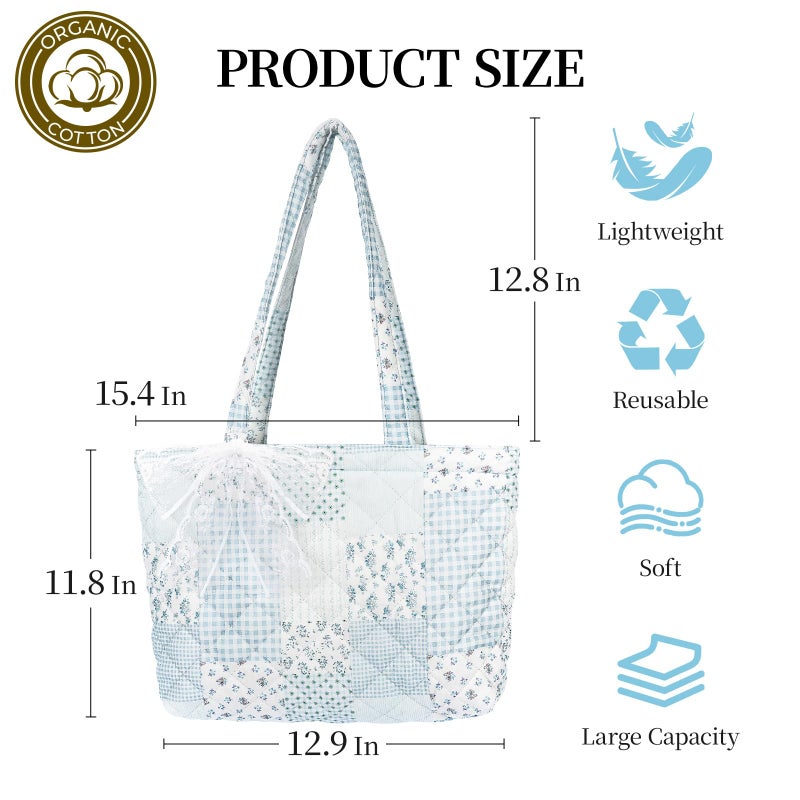shiprabags Quilted Small Tote Bag for Women, Lightweight Floral Shoulder Bag,Soft College Travel Work Bag Everyday Purse (blue green, M) - Image 4