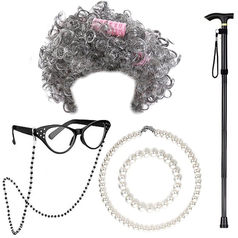 Generic Halloween Granny Wig Cosplay Kids Elderly Costume SetLight gray curly hair powder six-piece set Light gray curly hair powder six-piece set