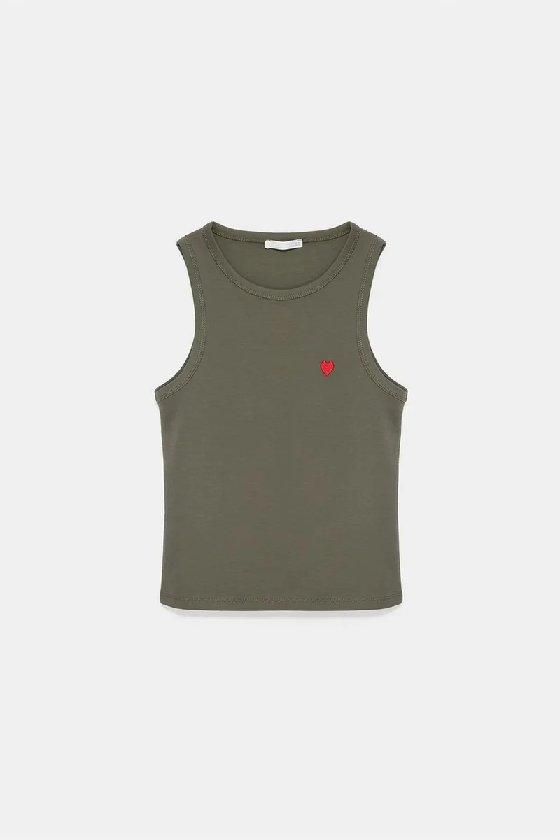 Dilvin Khaki Green DILVIN Embroidered Sleeveless Slim-Fit Jersey Blouse for Women | Best Price UAE