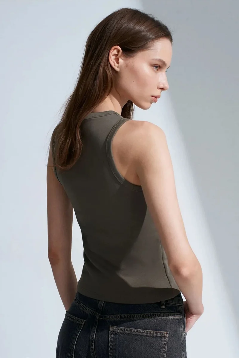 Dilvin Khaki Green DILVIN Embroidered Sleeveless Slim-Fit Jersey Blouse for Women | Best Price UAE