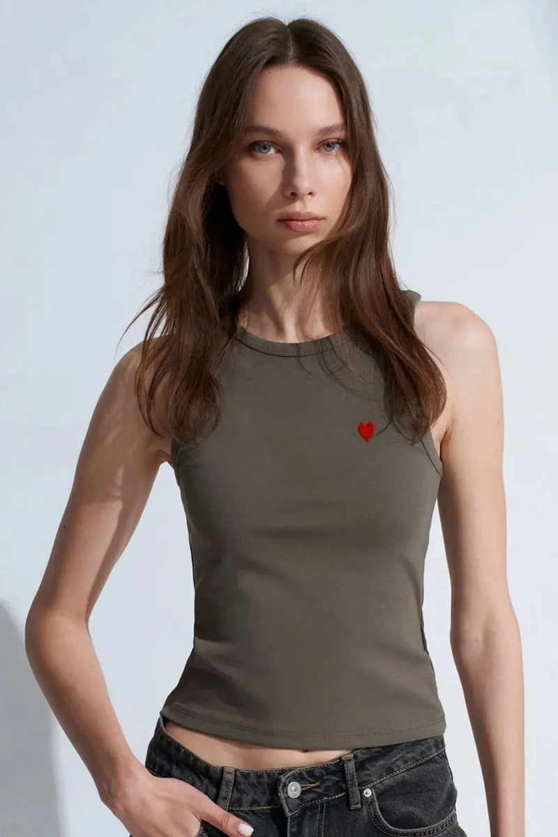 Dilvin Khaki Green DILVIN Embroidered Sleeveless Slim-Fit Jersey Blouse for Women | Best Price UAE