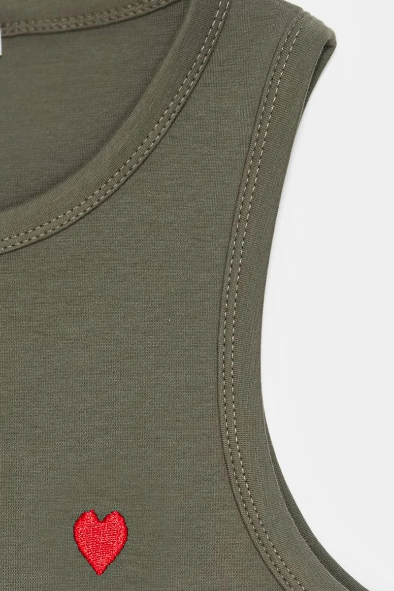 Dilvin Khaki Green DILVIN Embroidered Sleeveless Slim-Fit Jersey Blouse for Women | Best Price UAE