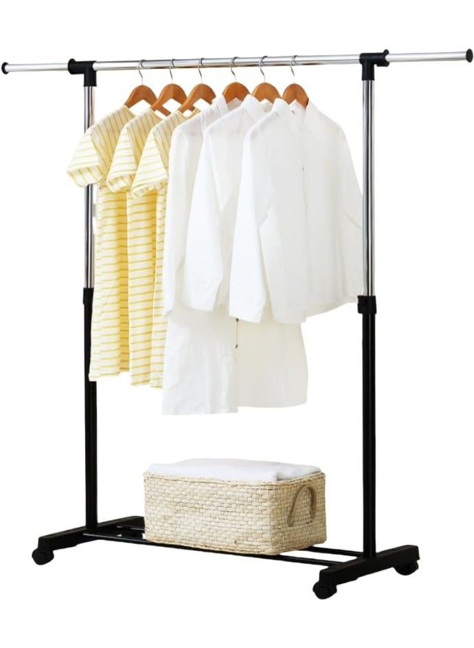 Raxoom Clothing Garment Rack with Bottom Shelf, Heavy Duty Double Rods Clothes Hanging Rack with Wheels, Extendable Rolling Garment Rack with 2 Hooks, Commercial Clothing Storage Display, Chrome - Image 1