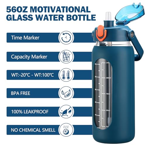 kytffu 42oz Glass Water Bottles with Straw, Motivational Glass Bottle with Silicone Sleeve and Time Marker, Leakproof Large Glass Water Jug for Gym Home Office,Blue - Image 2