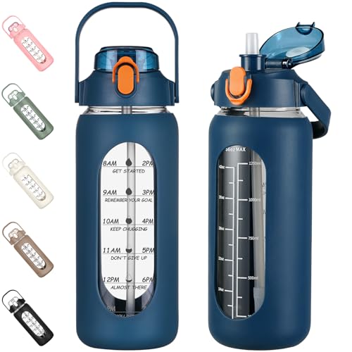 kytffu 42oz Glass Water Bottles with Straw, Motivational Glass Bottle with Silicone Sleeve and Time Marker, Leakproof Large Glass Water Jug for Gym Home Office,Blue - Image 1
