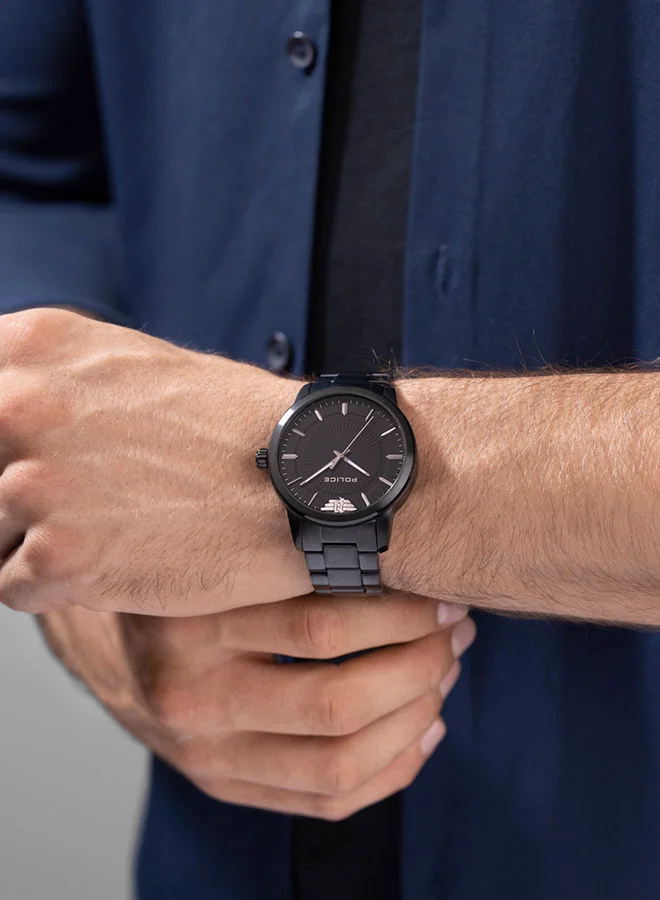 POLICE A sleek, minimalist design with solid colour, the mens Raho is presented with a black dial and an ion-plated robust black bracelet, crafted to elevate your ensemble.