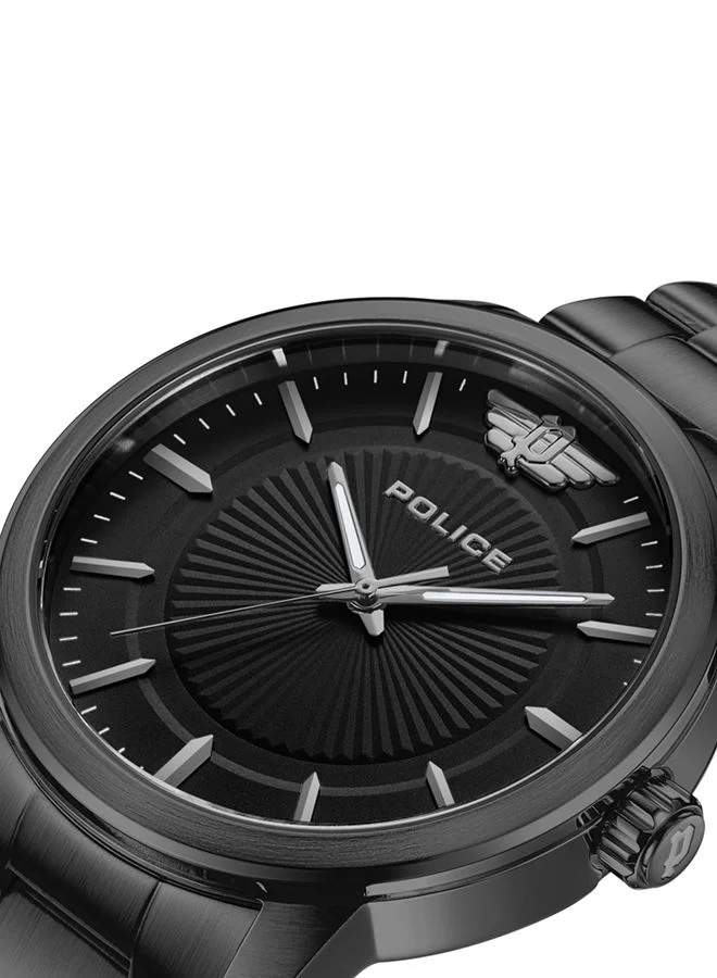 POLICE A sleek, minimalist design with solid colour, the mens Raho is presented with a black dial and an ion-plated robust black bracelet, crafted to elevate your ensemble.