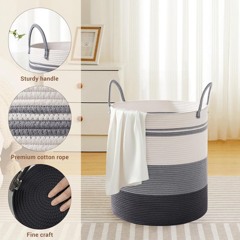 SunNewt Tall Laundry Basket with Handles, 53L Portable Dirty Clothes Hamper, Boho Cotton Rope Storage Bin for Blankets Kids Toys Gifts, Decorative Organizer for Nursery Bedroom Bathroom, Grey Striped - Image 3