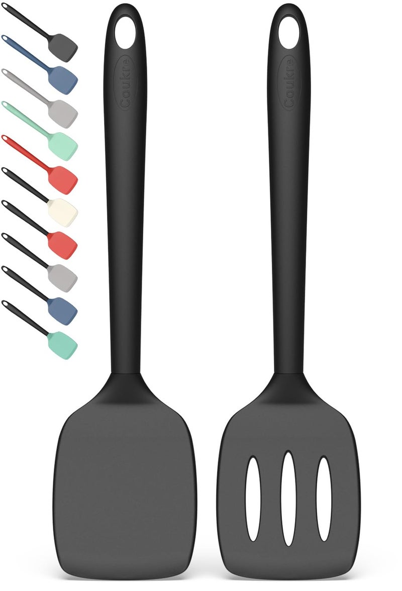 Coukre 2 Pack Silicone Spatula Set, High Heat Resistant, BPA Free Kitchen Spatula, Solid & Slotted Turner for Non-Stick Pans, SautÃ©ing, and Flipping (2, PureBlack) - Image 1