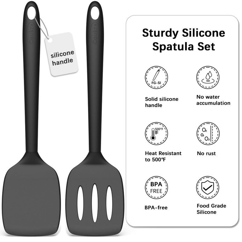 Coukre 2 Pack Silicone Spatula Set, High Heat Resistant, BPA Free Kitchen Spatula, Solid & Slotted Turner for Non-Stick Pans, SautÃ©ing, and Flipping (2, PureBlack) - Image 2