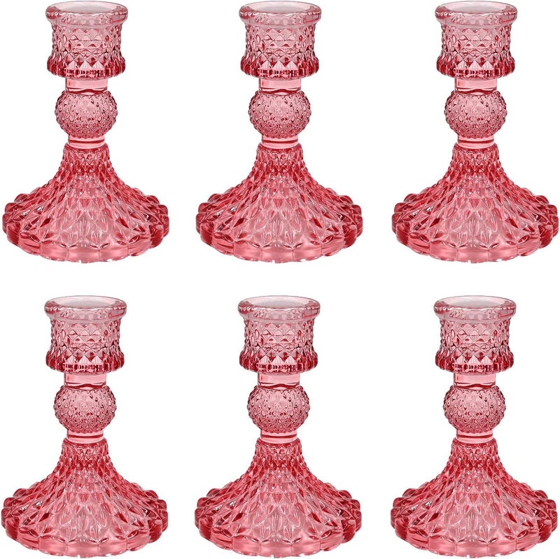 SHOWIN All budget friendly options Glass Candlestick Holders Set of 6, Pink Crystal Taper Candle Holders for Table Centerpiece, Home Decorations, Valentine Day, Wedding and Party Storage & transit friendly - Image 1