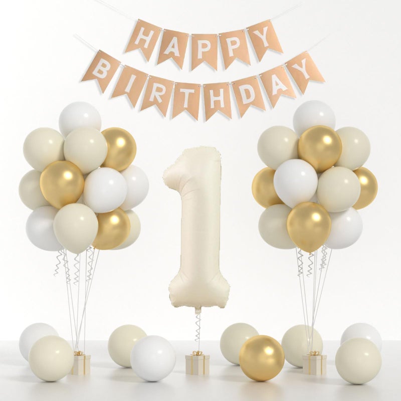 Yumiche One Birthday Decorations kit 40inch cream Number 1 balloon and HAPPY BIRTHDAY banner set with 12inch White Sand Metallic Gold Balloons for Kids 1st Birthday Decorations - Image 2