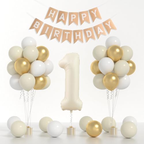 Yumiche One Birthday Decorations kit 40inch cream Number 1 balloon and HAPPY BIRTHDAY banner set with 12inch White Sand Metallic Gold Balloons for Kids 1st Birthday Decorations - Image 1