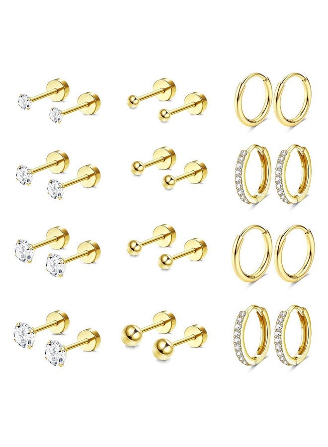 Jstyle Hypoallergenic Surgical Steel Earrings For Sensitive Ears 14K Gold Flat Back Earrings For Women Men Small Stainless Steel Earrings Flatback Stud Hoop Cartilage Earring Set For Multiple Gold A - Image 1