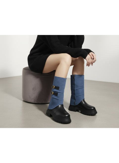 بوت طويل  من جلد و جينز LB-50 - أسود