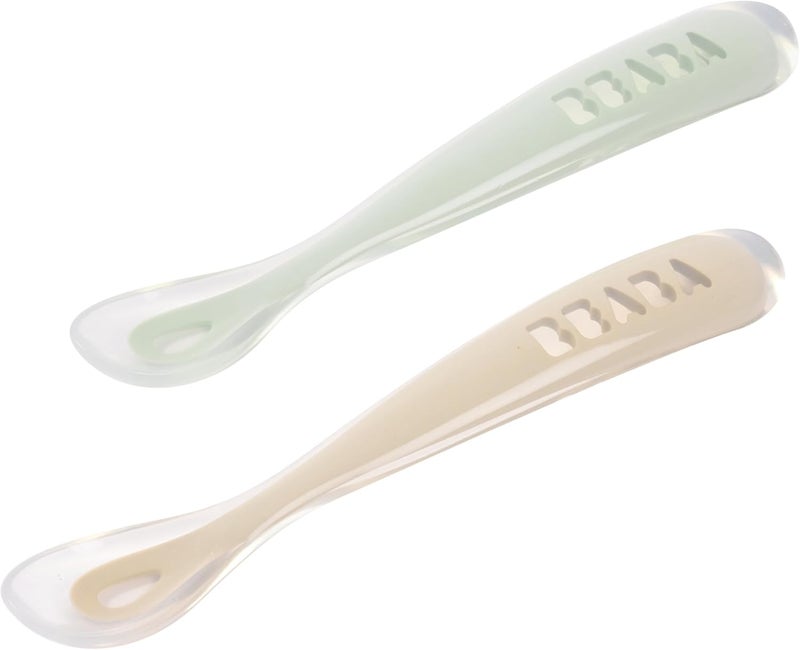 Baba BEABA Baby's First Foods Spoon Set with Travel Case, Original Soft Silicone Baby Spoons, Baby Essentials, Travel Set, Sage + Cloud - Image 1