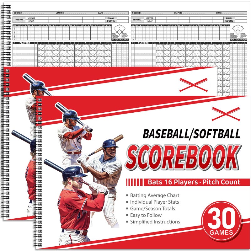 Chiisong 2 Pcs Side by Side Baseball Scorebook 115x16 30 Game Softball Scorebook Score Keeping Book Baseball Stats Book Individual Player Stats Batting Average Chart for Score Keeper CoachStylish - Image 2