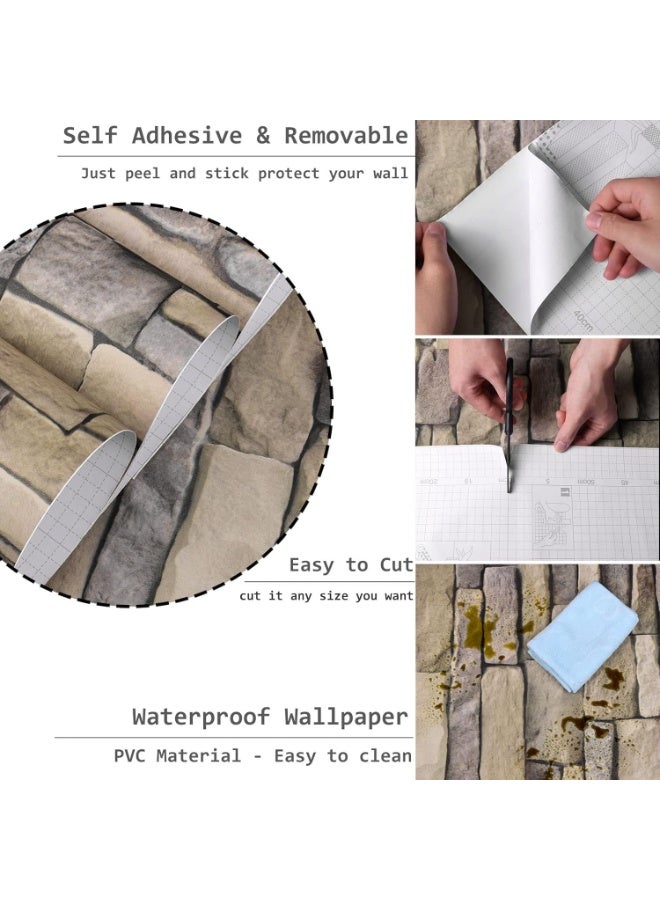 BLOOMING TIME Peel & Stick Stone Brick Wallpaper Grey Beige, Self Adhesive Removable Vinyl Wall Covering, Waterproof Decorative Wall Sticker for Living Room Bedroom Kitchen - Image 5