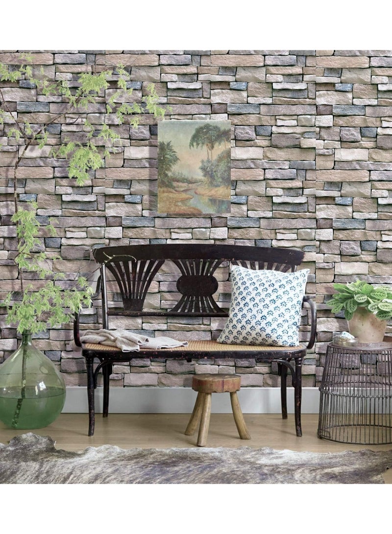 BLOOMING TIME Peel & Stick Stone Brick Wallpaper Grey Beige, Self Adhesive Removable Vinyl Wall Covering, Waterproof Decorative Wall Sticker for Living Room Bedroom Kitchen - Image 3