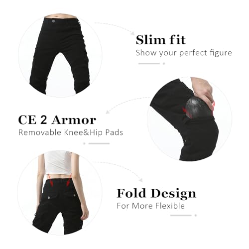 LOMENG Motorcycle Riding Pants Motorcycle Jeans Slim Fit with CE Knee Hip Removable Protectors Armor for Women Black S 28 - Image 3