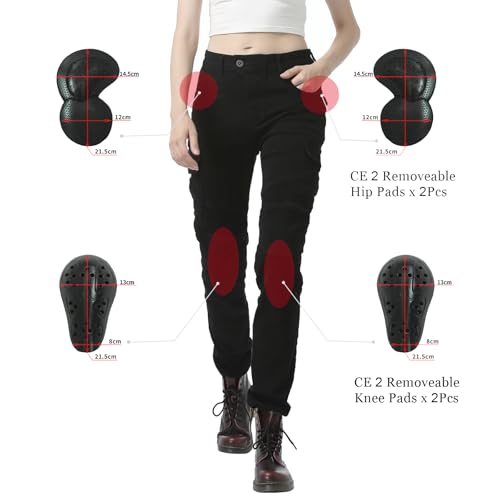LOMENG Motorcycle Riding Pants Motorcycle Jeans Slim Fit with CE Knee Hip Removable Protectors Armor for Women Black S 28 - Image 4