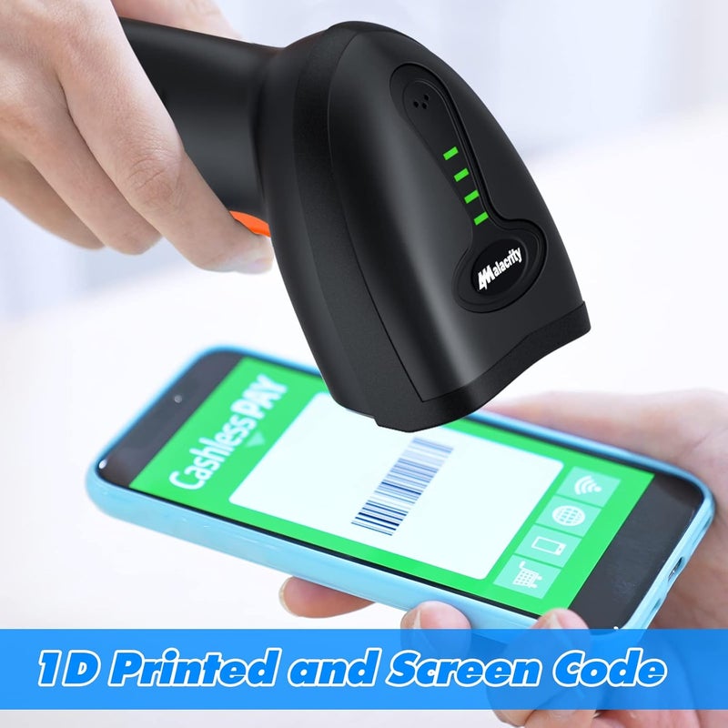 alacrity ماسح ضوئي لاسلكي بلوتوث مع حامل، من 3 في 1 (بلوتوث ولاسلكي 2.4GHz وسلكي USB) قارئ باركود، بطارية قابلة لإعادة الشحن 1800 مللي أمبير*ساعة، مسح تلقائي، نطاق 328 قدم، مساحة تخزين 16 ميجابايت - Image 5