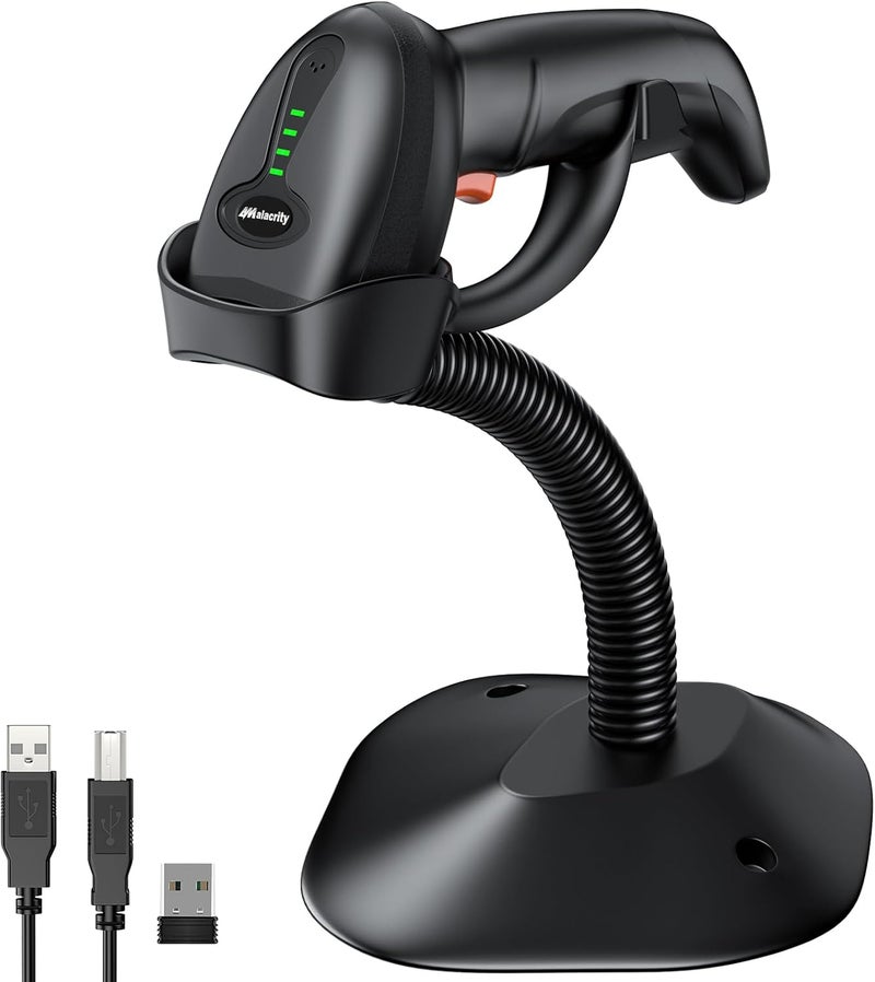 alacrity ماسح ضوئي لاسلكي بلوتوث مع حامل، من 3 في 1 (بلوتوث ولاسلكي 2.4GHz وسلكي USB) قارئ باركود، بطارية قابلة لإعادة الشحن 1800 مللي أمبير*ساعة، مسح تلقائي، نطاق 328 قدم، مساحة تخزين 16 ميجابايت - Image 1