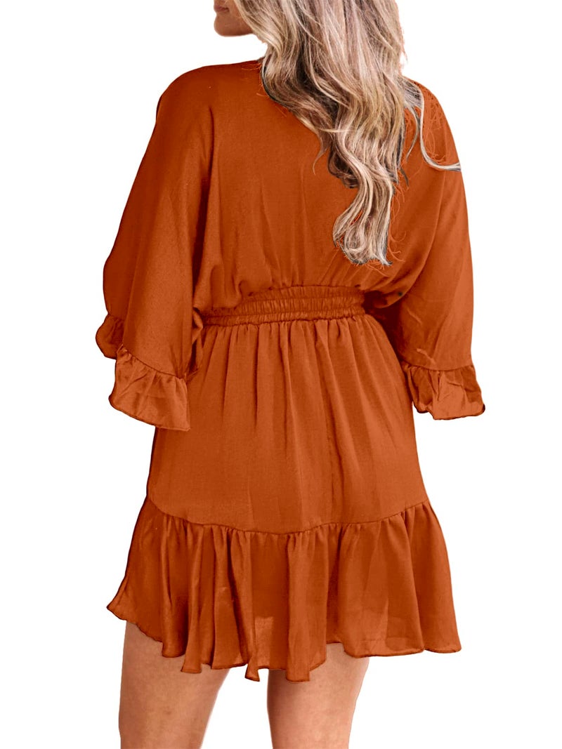 Aoysky Womens V Neck Casual Dresses Summer Loose High Waist Ruffle Pleated Cute Mini Short Dress Orange Brown - Image 4