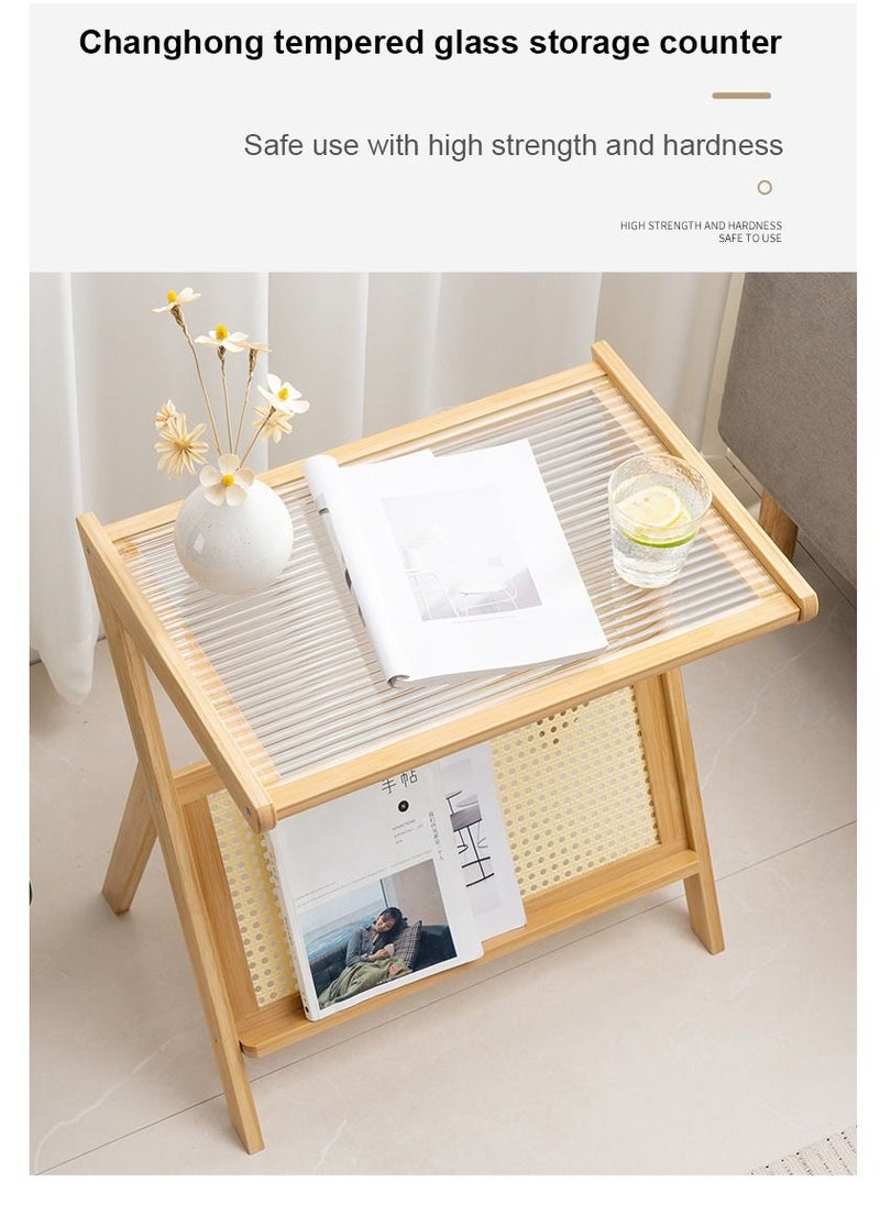 Japanese Light Luxury Simple Modern Style Top Tea Side Table Glass Desktop With Books Newspaper Shelf For Livingroom Balcony Bedroom Studyroom