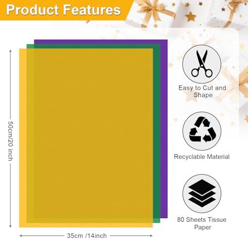 AORZIT Purple, Yellow, Green Tissue Paper - Mardi Gras Wrapping Paper, 80 Sheets, 14x20 Inch, Bulk - Gift Bag, Carnival, Masquerade, Holiday Party Favor Decor - Image 4