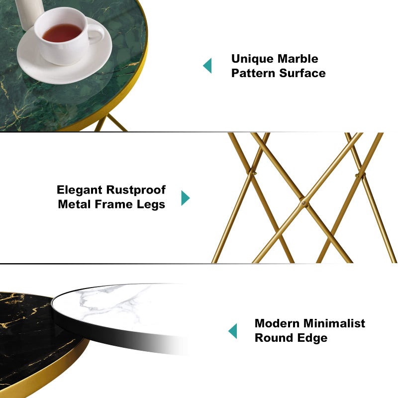 HLR Modern Round Side Table, End Table with Marble Effect Top and Gold Metal Frame, Small Side Table for Living Room, Bedroom, Sofa and Couch, Gold Legs, Green Marble top - Image 2