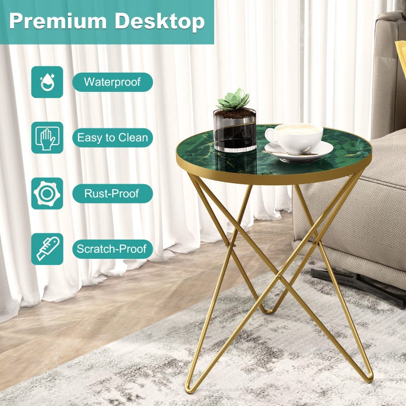 HLR Modern Round Side Table, End Table with Marble Effect Top and Gold Metal Frame, Small Side Table for Living Room, Bedroom, Sofa and Couch, Gold Legs, Green Marble top - Image 5