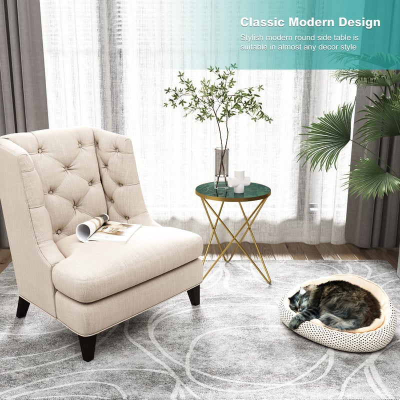 HLR Modern Round Side Table, End Table with Marble Effect Top and Gold Metal Frame, Small Side Table for Living Room, Bedroom, Sofa and Couch, Gold Legs, Green Marble top - Image 4