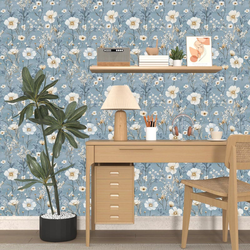 Laatse Blue Floral Peel and Stick Wallpaper White Botanical Contact Paper Vintage Leaf Wall Mural for Bedroom Bathroom Vinyl Waterproof Self Adhesive Removable Renter Dorm Wall Paper 17.5" x 118" - Image 4