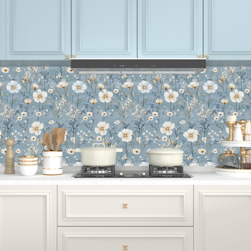 Laatse Blue Floral Peel and Stick Wallpaper White Botanical Contact Paper Vintage Leaf Wall Mural for Bedroom Bathroom Vinyl Waterproof Self Adhesive Removable Renter Dorm Wall Paper 17.5" x 118" - Image 3