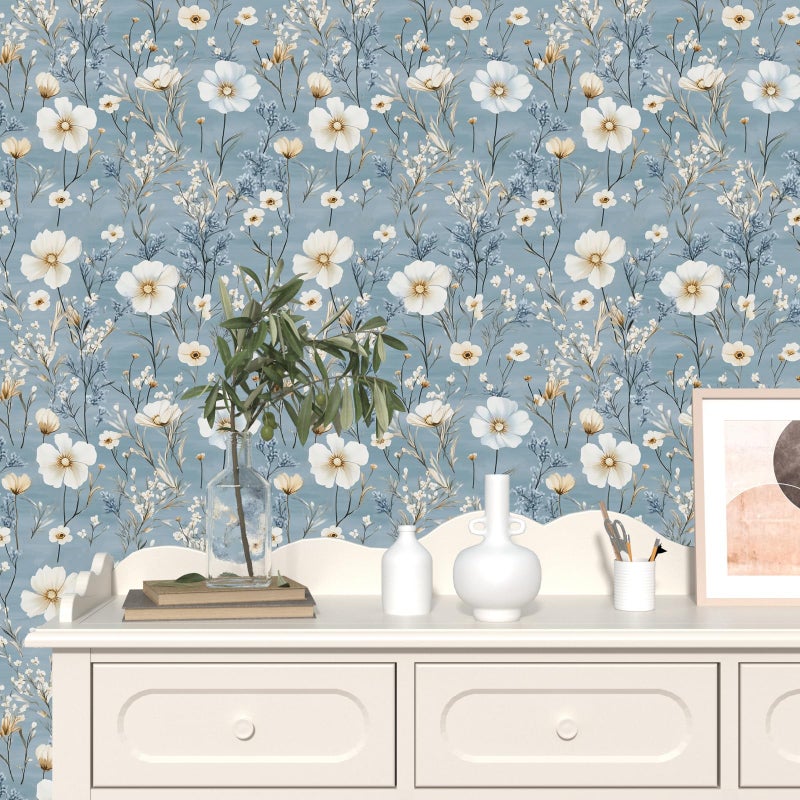 Laatse Blue Floral Peel and Stick Wallpaper White Botanical Contact Paper Vintage Leaf Wall Mural for Bedroom Bathroom Vinyl Waterproof Self Adhesive Removable Renter Dorm Wall Paper 17.5" x 118" - Image 2