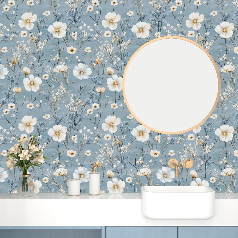 Laatse Blue Floral Peel and Stick Wallpaper White Botanical Contact Paper Vintage Leaf Wall Mural for Bedroom Bathroom Vinyl Waterproof Self Adhesive Removable Renter Dorm Wall Paper 17.5" x 118" - Image 5