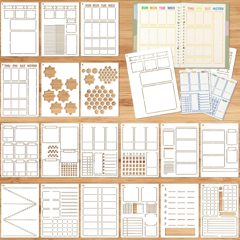 Zonon 18 Pieces Ultimate Productivity Stencil Set A5 Journal Stencil Plastic Planner Template Stencil Schedule Stencil Daily Weekly Calendars for DIY Notebook Diary Planners Layouts  - Image 1